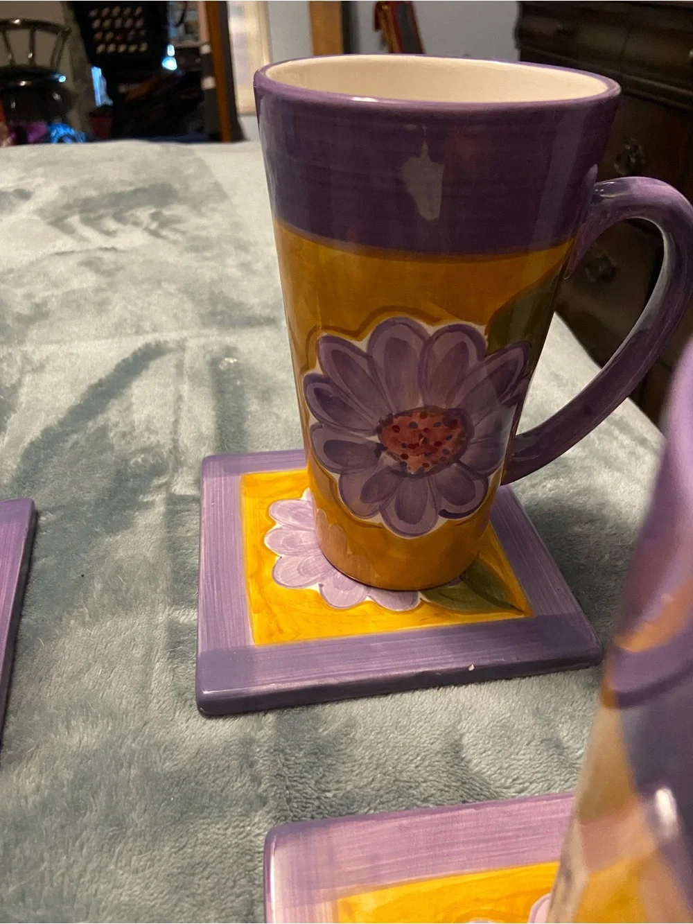 Classified Purple and Yellow Floral Ceramic Mug and Coaster Set - 4pc